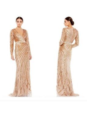 Mac Duggal Gold Evening Gown V-Neck Long Sleeve Wedding Formal NWT #5438